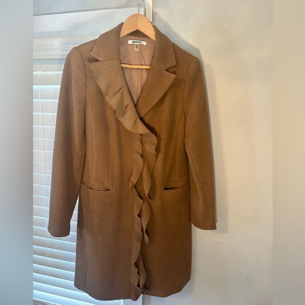 DKNYC Brown Pea Coat with Ruffle Detail